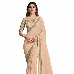 Elegant Women's Silk Georgette Beige Saree with Intricate Golden Border